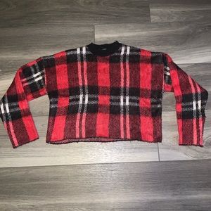 Red and Black Plaid Crop Sweater